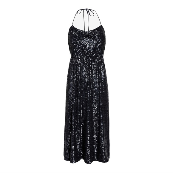 EXPRESS Navy Blue Sequin Tie Neck Halter Midi Dress M NWT - Picture 3 of 4